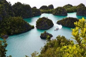 Boat Maneuvering Small Headland With Lot Of Tree In Raja Ampat