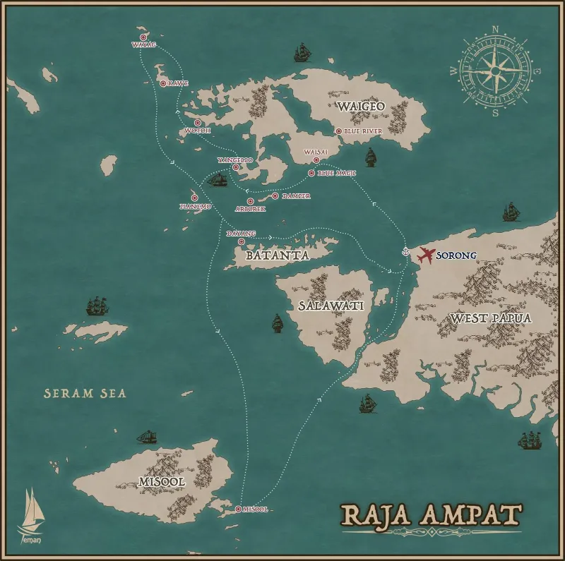 Carte de l'itinéraire du bateau de croisière Raja Ampat au départ de Sorong